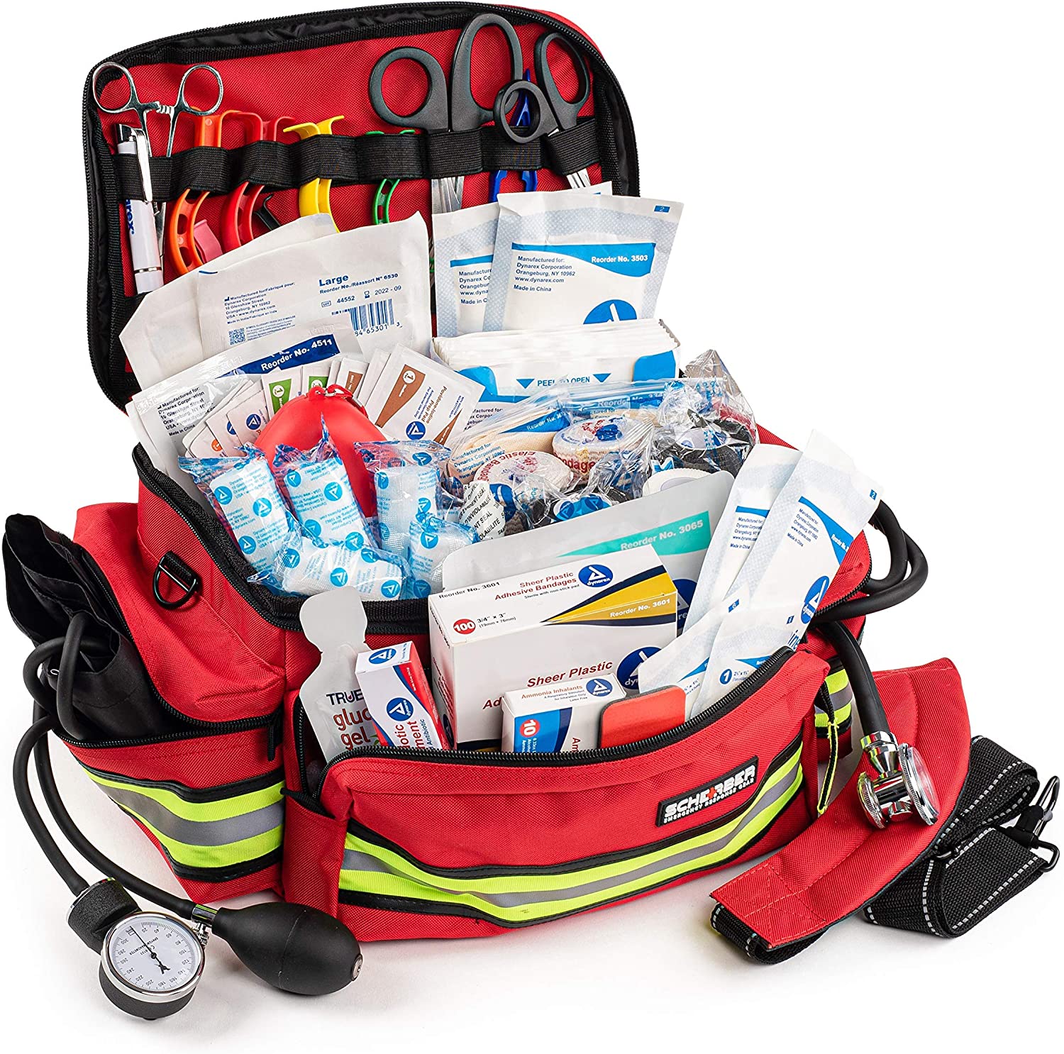 Scherber First Responder Fully-Stocked Professional Essentials EMT/EMS Trauma Kit | HSA/FSA Approved | Reflective Bag w/8 Zippered Pockets & COMPARTME