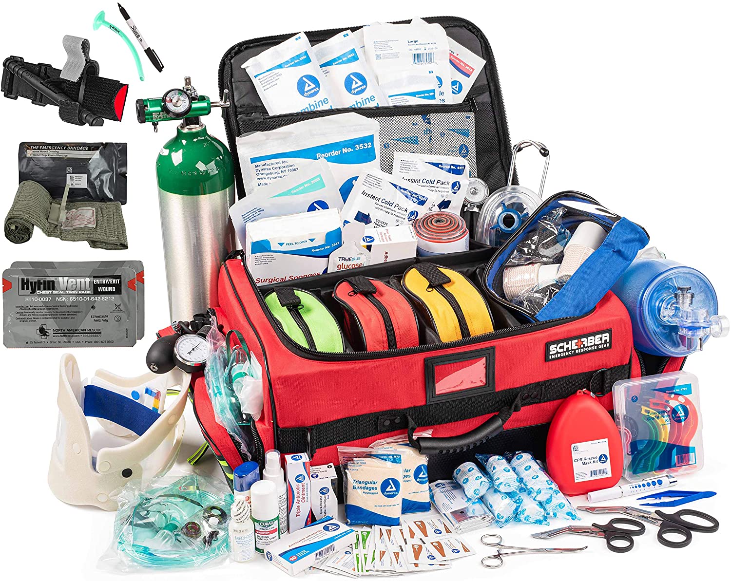 Scherber Fully-Stocked Premium First Responder Bag | Large Pro EMT/EMS Trauma, Bleeding & Oxygen Medical Kit, Size: 4, Red