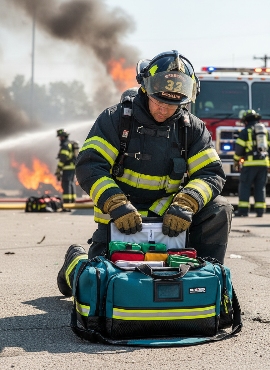 Firefighter preparing equipment at a fire scene with flames and smoke in the background.