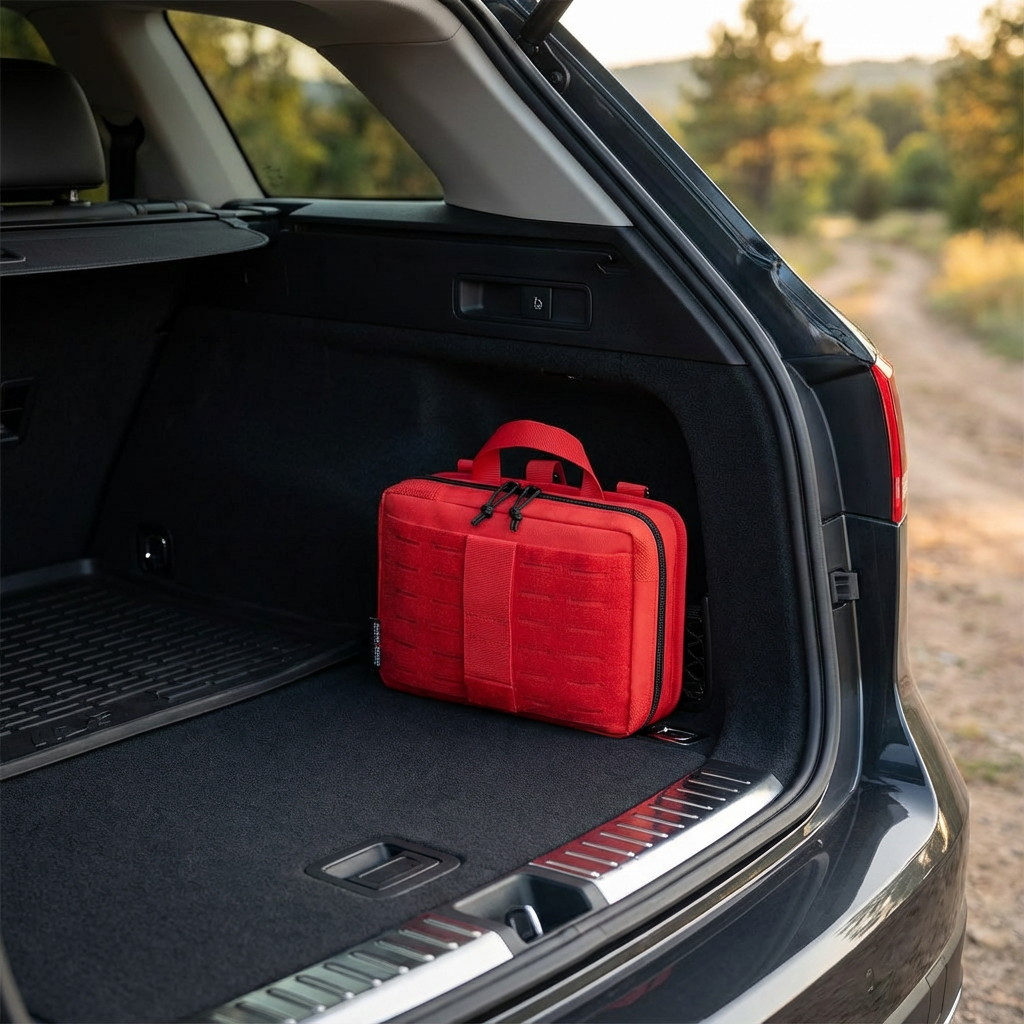 Red bag in the trunk of a car with a scenic background